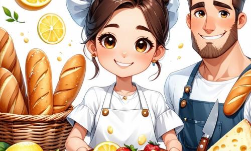 Una joven chef sonriente con moño despeinado y delantal blanco con limones sostiene una tostada con queso fresco y rodajas de fresa sobre una tabla de madera; a su izquierda Don Tomás, el panadero con barba enharinada y una cesta de pan caliente ofrece una baguette; tres niños ayudan alrededor de una mesa baja —una niña trenza corta cortando fresas, un niño rizado unta queso y otra niña sujeta un hilo dorado de miel— en la cocina de la posada de paredes claras, estantes con tarros, un cesto de hierbas (romero, menta) y un horno de piedra, luz cálida de mañana; escena alegre y animada en la que la chef enseña a montar una tapa de pan crujiente, queso cremoso y fresas brillantes, colores vivos y paleta cálida.