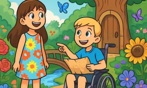 Hay 2 personajes principales: - Sofía: una niña de 9 años, con largos cabellos castaños y ojos brillantes. Lleva un vestido colorido con flores y sandalias. Está a la izquierda, mirando con asombro el jardín. - Lucas: un niño de 10 años, con cabello corto y rubio, lleva una camiseta azul y un pantalón corto. Está sentado en una silla de ruedas, sonriendo y sosteniendo un viejo mapa de papel. Se encuentra a la derecha de Sofía, señalando hacia el jardín. La situación principal tiene lugar en un jardín mágico, lleno de flores brillantes de todos los colores, con rosas rojas, girasoles amarillos y violetas delicadas. En el centro, un gran roble majestuoso se eleva, con sus ramas extendiéndose como brazos protectores. Un pequeño puente de madera cruza un arroyo brillante, y mariposas multicolores danzan en el aire. La historia muestra a Sofía y Lucas descubriendo un viejo mapa de papel, mientras están frente a la puerta secreta del jardín, rodeados de flores brillantes y una atmósfera encantada, listos para resolver el misterio que les espera.