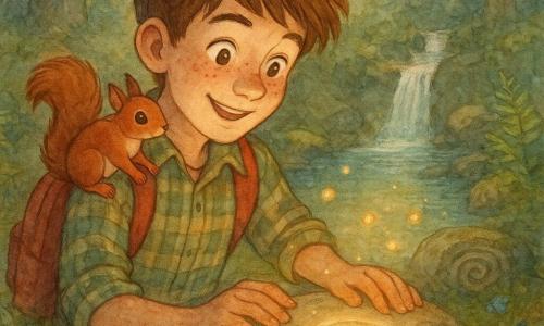 A boy of about 12 watches a small round pool in wonder, messy chestnut hair, freckles, red backpack, green-beige plaid shirt, smiling with his palm on a softly glowing engraved stone; a small female squirrel named Pip perches on his right shoulder, reddish fur, bright black eyes, bushy tail, reaching a paw toward the stone; they stand in a mossy forest clearing with roots, ferns, blue flowers and a tiny waterfall feeding the pool ringed by ancient spiral-carved stones; the scene captures discovery—golden sparkles and light bubbles hover above the water at warm dusk, pastel tones, grainy watercolor texture, low raking light and soft reflections.