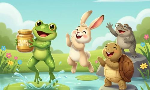 A joyful shiny bright-green frog with glittering eyes holds a large jar of golden peanut butter while hopping on a lily pad; a fluffy cream-colored rabbit with twitching long ears applauds beside it, a round smiling turtle with a brown-and-cream shell stands on a nearby rock applauding, and an old wise gray toad wearing small round glasses on a background rock raises a paw to announce the winner; the scene is a clear pond with shimmering water, broad green lily pads, colorful wildflowers (yellow, pink, blue), a green meadow and blue sky with soft clouds, showing a celebratory winning jump with playful splashes, visible laughter, a bright festive mood, saturated colors and friendly rounded shapes.