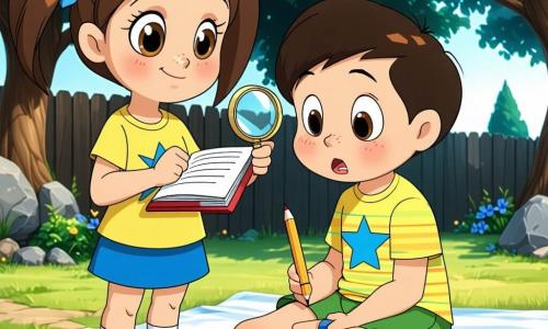 Una niña de 4 años, orgullosa y concentrada, sostiene una lupa brillante en la mano derecha y un cuaderno con lápiz en la izquierda; tiene cabello castaño claro en dos coletas, camiseta amarilla con una estrella azul, botitas rojas y ojos grandes y curiosos. Su hermano de unos 6 años, algo sorprendido y arrepentido, está sentado sobre una manta de picnic en el patio; lleva pantalón corto verde, camiseta a rayas y sujeta a medias una galleta grande en forma de estrella. La mamá, de unos 30 años, sonríe suavemente junto a la puerta con las manos en la cintura y vestido de flores. Un gato blanco llamado Nube está acurrucado cerca de la manta. Lugar: cocina pequeña abierta al patio soleado con una mesa azul, migas en el suelo, puerta de cristal entreabierta y juguetes esparcidos. Situación: la pequeña detective sigue un rastro de migas que la lleva al hermano donde se descubre la galleta; ambiente luminoso, colores vivos y composición centrada en la lupa y la galleta.