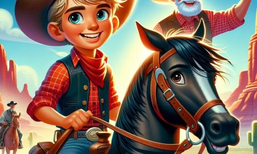 Un joven, Tomás, es un valiente vaquero con una amplia sonrisa y ojos llenos de determinación. Lleva un sombrero de vaquero desgastado, una camisa de cuadros rojos y pantalones de mezclilla. Está montando su caballo, Rayo, un hermoso semental negro con crines brillantes, en un sendero polvoriento. Cerca, el viejo Sam, un hombre mayor con barba blanca y gafas redondas, observa a Tomás con una expresión de esperanza. Lleva un chaleco de cuero y un sombrero de paja, sosteniendo un bastón de madera. El paisaje es desértico, con montañas rojas al fondo, cactus verdes dispersos y un cielo azul brillante iluminado por el sol de la mañana. La escena muestra a Tomás listo para buscar los caballos salvajes desaparecidos, determinado y lleno de energía, mientras el viejo Sam le hace una señal de ánimo, simbolizando la unión y la ayuda mutua en su aventura.