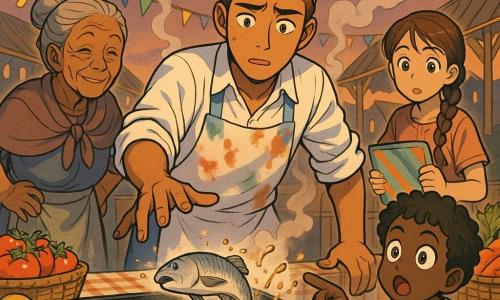 Un hombre, el chef Mateo, joven de pelo castaño corto, cejas fruncidas pero expresión serena, camisa blanca con mangas remangadas y delantal manchado, extiende la mano hacia una plancha de hierro donde un filete de pescado se desliza; a la izquierda, Marta, vecina de unos 65 años, rostro arrugado y sonrisa amable, pelo gris recogido, de pie con la mano en la cadera y una mueca divertida; al frente a la derecha, un niño de unos 7 años, pelo rizado y camiseta a rayas, agachado y señalando el pescado que cae; detrás de Mateo, una niña de unos 9 años con larga trenza morena sostiene una tabla de cortar colorida lista para ayudar; la escena ocurre en una feria al aire libre con mesa de madera, manteles a cuadros, guirnaldas y una plancha negra humeante rodeada de salpicaduras de aceite y cestos de verduras (tomates, limones, zanahorias); momento congelado del pequeño accidente: el filete a punto de caer, gotas de aceite y migas en el aire, expresiones de sorpresa, solidaridad y ternura, ambiente cálido y luminoso al anochecer.