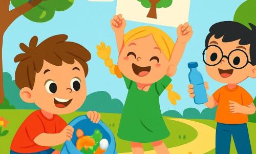 A 4-year-old boy, Leo, with messy brown hair and a big joyful smile, is wearing a red t-shirt and blue shorts. He is squatting, holding a colorful plastic bag filled with trash, with sparkling eyes of excitement and pride. Next to him, Mia, a 4-year-old girl with braided blonde hair, is wearing a green dress and pink sandals. She is raising her arms in the air, holding a colorful sign with a drawing of a tree and the word "Recycle!" written in cheerful letters. Max, a 4-year-old boy with black hair and round glasses, is standing a bit further away, holding a plastic bottle with a big smile, ready to put it in the right bin. The scene takes place in a sunny park, with lush green trees, colorful flowers, and a clear blue sky dotted with white clouds. Birds are singing in the branches, and the grass is a vibrant green. The three friends are cleaning the park, picking up trash to make their environment more beautiful and healthier while having fun together.