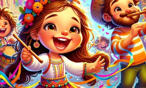 An 8-year-old girl, Lila, with long brown hair and sparkling joyful eyes, dances with a big smile on her face. She wears a colorful dress adorned with floral patterns and holds a wooden wand decorated with multicolored ribbons that float in the air. Next to her is a 9-year-old boy named Sam, with curly hair and a striped shirt, playing the flute with a focused expression, his eyes shining with happiness. A 30-year-old man, Rico, with a soft beard and a colorful hat, enthusiastically plays the drum just behind Lila. The setting is a festive street filled with brightly colored carnival stalls, floating balloons, and flower garlands. Confetti falls from the sky, adding a magical touch to the joyful atmosphere. The scene depicts Lila, Sam, and Rico creating an improvised dance, surrounded by a smiling crowd that claps and laughs, as a large flower-decorated float slowly approaches, ready to join the celebration.