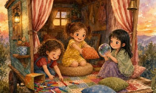 Ci sono tre bambine: Mia, circa 5 anni, capelli castani in due codini, vestito giallo a pois bianchi, seduta al centro su un tappeto puff mentre porge un cuscino; Sofia, circa 6 anni, capelli castani ricci, maglietta rossa e salopette blu, a sinistra di Mia che ride chinandosi a raccogliere dei pennarelli colorati rotolati per terra; Lila, circa 5 anni, capelli neri lisci e occhi grandi, gonna viola e scialle verde chiaro, a destra di Mia che tiene una grande bolla di sapone lucente tra le mani. Luogo: una piccola roulotte di legno con quattro ruote visibili, porta aperta con tende a righe rosse e bianche e una ghirlanda di lucine a forma di luna sopra l’ingresso; all’interno tappeto patchwork soffice, pile di cuscini colorati, scatola di pennarelli rovesciata, una tazza con foglie secche su una mensola e una piccola campanella vicino alla porta. Atmosfera: luce serale soffusa, colori caldi e texture acquerellate, scena gioiosa e un po’ disordinata mentre le tre amiche allestiscono un angolo tranquillo con pennarelli sparsi, bolle di sapone e cuscini; espressioni di risate contenute e gesti affettuosi, stile illustrativo morbido con contrasti pastello e tocchi vivaci (pennarelli rossi, bolla verde-bluastra, cuscino arancione).