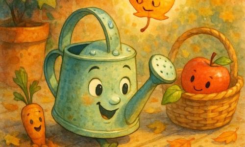Una pequeña regadera antropomórfica de metal verde pálido con rostro sonriente y gotas de agua en el asa rueda hacia una cesta de frutas; una hoja otoñal amarilla-anaranjada y traviesa revolotea sobre ella invitándola a jugar; una manzana roja en una cesta de mimbre a la derecha sonríe y ofrece una hoja, y una zanahoria naranja medio enterrada a la izquierda saluda con sus hojas verdes; todo en una terraza de jardín al final de la tarde otoñal con tablones cálidos, macetas de terracota, alfombra de hojas, luces suaves y pared de ladrillo con hiedra, escena cálida y lúdica, colores otoñales saturados estilo acuarela, texturas húmedas y luz dorada rasante.