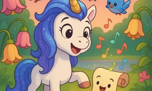 Uma unicórnio branca chamada Luna, alegre e maravilhada, com crina azul-lilás cintilante e chifre dourado, toca delicadamente com um casco um pergaminho luminoso (mapa cantador) que tem olhos e boca desenhados, cor marfim com fita arco-íris, abre-se cantando e solta notas coloridas; alguns passarinhos pastel observam; cena num Jardim dos Sinos de relva aveludada, flores pendentes rosa e amarelas, caminhos de pedras nacaradas e um lago ao longe, no crepúsculo, atmosfera doce e mágica com partículas de pó de estrela, composição centrada no encontro, cores pastel saturadas e sombras em cel-shading.