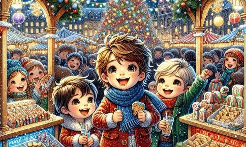 In der Mitte des Bildes steht Max, ein achtjähriger Junge mit zerzausten braunen Haaren, der einen roten Mantel und einen blauen Schal trägt. Er lächelt fröhlich und hält einen Beutel mit Weihnachtsplätzchen in der Hand. Rechts von ihm singt Tim, ein weiterer achtjähriger Junge mit runden Brillen und blonden Haaren, begeistert mit erhobenen Armen. Links schaut Ben, ein siebenjähriger Junge mit kastanienbraunen Haaren, staunend auf einen kleinen, strahlend lächelnden Elf namens Elfi, der fröhlich über ihnen schwebt und ein grünes Tunika sowie eine niedliche rote Mütze trägt. Im Hintergrund ist ein zauberhafter Weihnachtsmarkt, der von funkelnden Lichtern und bunten Girlanden erleuchtet wird. Holzstände, geschmückt mit Tannen und Schneeflocken, sind voller Süßigkeiten und Spielzeuge. Der Schnee fällt sanft und bedeckt den Boden mit einer weißen, glänzenden Schicht, während ein großer Weihnachtsbaum, geschmückt mit bunten Kugeln, majestätisch im Zentrum des Marktes steht. Die Szene zeigt die Jungen, die Plätzchen teilen und Weihnachtslieder singen, umgeben von der festlichen und warmen Atmosphäre des Marktes, die die Magie von Freundschaft und Großzügigkeit während der Feiertage illustriert.