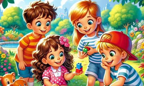 Într-un parc însorit, cinci copii sunt adunați în jurul unui obiect mic și misterios. **Mia** (fată, 8 ani) are părul creț și poartă o rochie roz cu buline, se apleacă curioasă spre obiect, zâmbind. **Andrei** (băiat, 9 ani) are părul blond și poartă un tricou albastru și o pereche de pantaloni scurți verzi, arătând entuziast spre obiect. **Sara** (fată, 8 ani) are părul lung și drept, prins într-o coadă de cal, poartă un maiou galben și blugi, privindu-l cu ochii mari de excitație. **Radu** (băiat, 9 ani) are părul șaten, poartă o șapcă roșie și un tricou cu dungi, stând puțin mai în spate, zâmbind complice. **Luca** (fată, 7 ani) are părul blond și creț, poartă o rochie albastră și se apropie de grup, intrigată de descoperirile lor. Parcul este plin de copaci verzi, flori colorate și un cer albastru strălucitor, iar în fundal se văd un tobogan și leagăne, unde alți copii se joacă fericiți. Copiii examinează un puzzle colorat, discutând despre originea lui și pregătindu-se să rezolve misterul împreună.