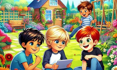 In a sunny garden, four boys around 10 years old stand together, surrounded by greenery and colorful flowers. Max, with messy brown hair and sparkling eyes, sits on the grass holding a tablet and smiling enthusiastically. Leo, with blonde hair and round glasses, leans forward, focused on the screen, showing a document about stars. Sam, with black hair and caramel skin, stands next to Leo, making exaggerated gestures while talking about animals they've seen in a documentary. Jake, with red hair and freckles, sits on a swing, laughing and holding a piece of paper where they've drawn their activity schedule. The garden is filled with vibrant flowers, majestic trees, and a clear blue sky, creating a joyful and welcoming atmosphere. In the background, there's a small shed storing toys and games. The boys are excitedly discussing their new learning routine, mixing screen time with outdoor adventures while sharing ideas for their upcoming activities.