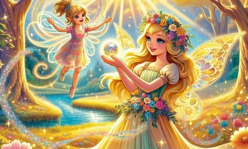 Elara, a young woman with golden hair and sparkling eyes, stands at the center of the scene, her face illuminated with wonder. She wears a light dress adorned with colorful flowers and holds a shimmering crystal in her hands, radiating magic. Beside her, Lirael, a small fairy with iridescent wings, joyfully flies around her. She wears a dress made of flower petals and has a bright smile, her eyes shining with gratitude. The setting is an enchanted glade bathed in golden light, surrounded by majestic trees with shimmering leaves. Multicolored flowers dance in the breeze, and a sparkling stream winds through the landscape, adding a touch of magic. The main scene shows Elara and Lirael celebrating the return of the enchanted crystal, surrounded by vibrant colors and a joyful atmosphere, symbolizing restored harmony in the fairy realm.