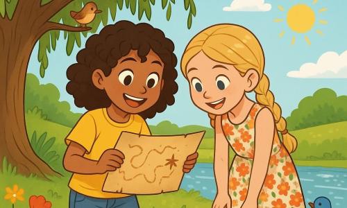 There are two main characters: Maya, a 10-year-old girl with curly brown hair, wearing a bright yellow t-shirt and denim shorts, holding a treasure map with excited eyes, and Isla, a 10-year-old girl with braided blonde hair, dressed in a floral dress and sandals, carefully examining the map with a mischievous smile. The two girls stand under a large weeping willow by a sparkling river, surrounded by colorful wildflowers and singing birds. The sky is blue with a few fluffy white clouds, and the sun shines gently, creating dancing shadows on the ground. The main situation of the story shows Maya and Isla discovering an old scroll that appears to be a treasure map, with winding lines and a star symbol marking a mysterious location. They are ready for adventure, eager to solve puzzles and find the hidden treasure.