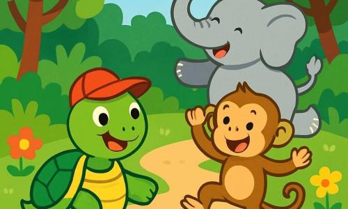 A happy turtle with a shiny green shell and a red hat, smiling and full of energy, is slowly walking on a dirt path. Next to her is a playful monkey with light brown fur, jumping enthusiastically, and a majestic gray elephant doing pirouettes with its long trunk. In the background, a lush jungle filled with green trees, colorful flowers, and a bright blue sky. The turtle and her friends are participating in a fun race, laughing and having a great time together, creating a joyful and festive atmosphere.