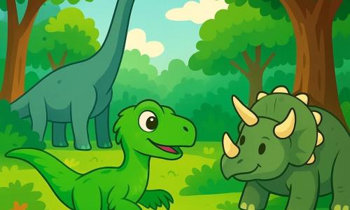 Un vélociraptor jucăuș, cu pene verzi și ochi curioși, stă în centrul scenei, observând un buchet de tufișuri. La câțiva pași, un triceratops prietenos, cu coarne mari și un corp robust de culoare gri-verde, se odihnește sub un copac mare. În fundal, un diplodocus imens își întinde gâtul pentru a ajunge la frunzele de pe o ramură înaltă. Locul este o pădure luxuriantă, plină de copaci înalți și flori colorate, cu raze de soare care creează o atmosferă magică. Vélociraptorul, plin de energie, se pregătește să exploreze tufișurile misterioase.