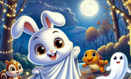 Un pequeño conejo llamado Saltarín, con pelaje blanco y grandes orejas, lleva una sábana blanca como disfraz de fantasma, mostrando una gran sonrisa de emoción. Se encuentra en el centro de un claro iluminado por la luna, rodeado de luces centelleantes y hojas doradas, listo para descubrir un secreto. A su lado, Flit, un pequeño fantasma sonriente con ojos brillantes, flota alegremente en el aire, extendiendo sus brazos translúcidos como si estuviera bailando. Lenta, una tortuga con un caparazón colorido y ojos curiosos, avanza lentamente, mirando a su alrededor con asombro. Rápida, una ardilla ágil con pelaje marrón y ojos vivos, salta de emoción, con sus pequeñas patas en el aire. El lugar es un hermoso claro en un bosque encantado, bañado por la luz plateada de la luna, con majestuosos árboles de hojas doradas y estrellas brillantes que iluminan el cielo nocturno. La situación principal muestra a Saltarín y sus amigos descubriendo un árbol mágico en el centro del claro, cubierto de luces brillantes y caramelos de colores que caen del cielo, mientras ríen y se maravillan de esta magia de Halloween.