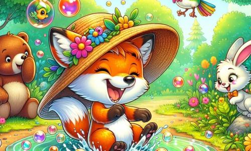 Un zorro llamado Tito, con un pelaje naranja brillante y una gran sonrisa, lleva un sombrero de paja demasiado grande que le cubre los ojos. Está saltando alegremente sobre un charco mágico, rodeado de burbujas de colores que rebotan a su alrededor. Cerca, Rina, una pequeña coneja de grandes orejas y pelaje blanco, ríe mientras intenta levantarse de un arbusto de flores, con sus ojos brillando de travesura. Paco, un oso marrón masivo con una expresión de preocupación, observa la escena con una mezcla de miedo y diversión, rascándose la cabeza. Lolo, un pájaro de plumas multicolores, vuela en círculos sobre ellos, riéndose de la situación. El lugar es un claro verde en el corazón de un bosque encantado, con árboles de hojas brillantes y flores cantantes que bailan al ritmo del viento. El charco mágico brilla con un resplandor centelleante, creando una atmósfera alegre y lúdica. La situación principal muestra a Tito y sus amigos intentando cruzar el charco mágico, donde cada salto provoca risas y momentos de camaradería.