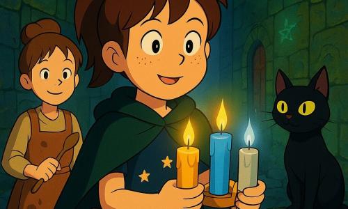 Lia, aprendiz de feiticeira de 9 anos, rosto redondo com sardas, rabo de cavalo castanho e expressão corajosa e aliviada, segura três velas brilhantes (dourada, azul, prateada) que lançam luzes quentes e frias; ela veste capa curta verde-escura, vestido simples com estrelas e pequena bolsa de couro. Bolacha, gato preto macho de pelo brilhante e olhos amarelo-limão maliciosos, sentado num muro à direita de Lia, observa as velas e ronrona, com postura elegante e ar protetor. Íris, outra menina de ~9 anos com coque desarrumado, avental manchado e sorriso tímido, está atrás à esquerda segurando uma colher de pau, parecendo aliviada e cúmplice. A viela mágica é estreita, pavimentada com blocos negros brilhantes, paredes de pedra cobertas por musgo verde-esmeralda e símbolos gravados que brilham (estrelas, espirais, luas); ao fundo, névoa prateada suave e portas coloridas sugeridas. Cena pós-descoberta: as três velas acesas iluminam os rostos com contrastes dourado quente, azul frio e prateado pálido, criando uma atmosfera de mistério sereno em cores saturadas no estilo de desenhos animados dos anos 90.