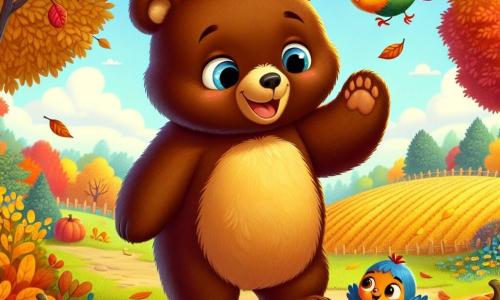 Un grande orso bruno, con un pelo morbido e setoso, si trova in mezzo a un parco colorato, con gli occhi che brillano di gioia e un ampio sorriso sul volto. Tocca delicatamente una foglia d'autunno, di un giallo splendente, che cade dolcemente attorno a lui. Accanto a lui, un piccolo uccello dalle piume colorate, con un ventre giallo vivo e un becco rosso, vola gioiosamente nell'aria, cantando con entusiasmo. Sembra curioso e felice, dirigendosi verso l'orso per mostrargli la strada verso il campo. Il parco è pieno di alberi con foglie sgargianti, che vanno dal rosso all'oro, e il terreno è coperto di foglie che scricchiolano sotto i passi. In lontananza, un campo di zucche brillanti si estende sotto un cielo azzurro chiaro, dove il sole splende dolcemente. In questa scena, l'orso e l'uccello si preparano a esplorare il campo di zucche, pronti a vivere un'avventura autunnale piena di risate e scoperte.