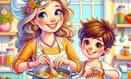 O femeie zâmbitoare, numită Ana, se află în centrul imaginii, purtând o mare bonetă de bucătar și un șorț alb frumos, împodobit cu flori colorate. Ochii ei strălucesc de bucurie în timp ce amestecă ingrediente într-o oală mare, înconjurată de legume proaspete și ierburi aromatice. Lângă ea, un băiat de 8 ani, numit Luca, cu părul brun zbârlit și un zâmbet radiant, zdrobește nuci într-un bol mic, privindu-o pe Ana cu admirație. Scena se desfășoară într-o bucătărie luminoasă și primitoare, cu pereți vopsiți în galben pastel, rafturi pline cu borcane de condimente colorate și feronerie care lasă să intre lumina soarelui. Pe masă, fructe și legume colorate sunt împrăștiate, creând o atmosferă veselă și primitoare. Ana și Luca pregătesc o supă delicioasă și prăjituri, împărtășind râsete și momente de complicitate, în timp ce arome îmbietoare plutesc în aer, promițând o sărbătoare gustoasă pentru toți copiii din oraș.