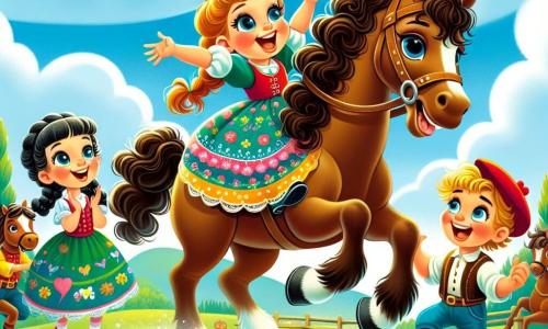Una bambina di 2 anni, con grandi occhi luminosi e capelli ricci castani, è seduta su un grande cavallo marrone. Sorride con meraviglia, con le guance rosate e le braccia alzate in segno di gioia. Accanto a lei, un bambino di 5 anni, con capelli biondi e un cappellino rosso, applaude entusiasta, in piedi sul terreno, con gli occhi fissi su di lei. Un'altra bambina, di 4 anni con trecce nere e un vestito a fiori, tiene la longe del cavallo, sorridendo e incoraggiando Anna. La scena si svolge in un ampio campo verde, punteggiato di fiori colorati, sotto un cielo blu brillante con alcune nuvole bianche e soffici. In lontananza, si vedono altri cavalli che saltellano gioiosamente. La situazione principale mostra Anna che, piena di coraggio, inizia a galoppare sul cavallo, ridendo di gioia, mentre i suoi amici la incoraggiano con grida di felicità.