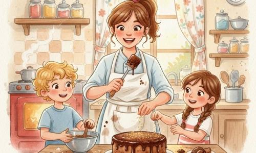 De hoofdpersoon is een vrouwelijke chef van ongeveer 35 jaar met kastanjebruin haar in een paardenstaart, een warme glimlach, een wit schort met bloemenvlekken en een spatel met chocolade; links staat Max (8) met blonde krullen en plakkerige handen die beslag in een metalen kom mixt, rechts Sophie (8) met bruin gevlochten haar die eetbare gouden glitters over een grote chocoladetaart strooit; de kleine gezellige keuken heeft een versleten houten tafel, glazen potten met specerijen en gekleurde suikers, een oud rood fornuis dat zacht rookt en zonnestralen door een bloemengordijn; de scène richt zich op het taartdecor: glanzende glazuur, fonkelende gouden glitters, bloem- en chocoladevlekken en een gemoedelijke, enthousiaste sfeer.