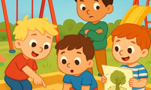 Er zijn 4 kinderen: - Bram: een 3-jarig jongetje met rommelig blond haar en een rood t-shirt. Hij wijst naar het glinsterende steentje in de zandbak. - Sam: een 3-jarig jongetje met bruin haar en een blauwe short. Hij zit op de grond bij de zandbak, met grote nieuwsgierige ogen. - Daan: een 3-jarig jongetje met zwart haar en een groene trui. Hij staat met zijn armen gekruist en kijkt naar de tekening op het papier. - Joep: een 3-jarig jongetje met rood haar en een gestreept t-shirt. Hij zit op de rand van de zandbak en houdt het papier met de kaart vast. De locatie is een vrolijke schoolplein, vol felle kleuren: rode schommels, een gele glijbaan en een gouden zandbak, omringd door kleurrijke bloemen. De lucht is blauw met enkele pluizige witte wolken. De situatie toont de kinderen die een mysterieus steentje ontdekken met een tekening van een grote boom en een pijl, wat hen nieuwsgierig en opgewonden maakt, klaar om hun onderzoek te doen.