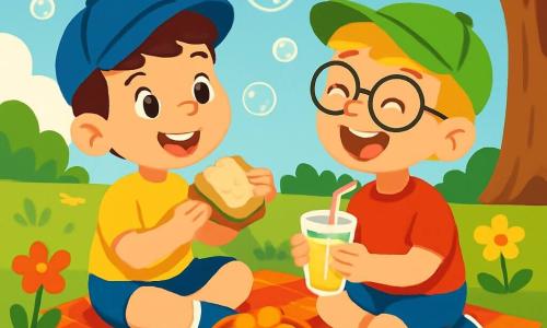 Er zijn 2 hoofdpersonages: - Sam: een 8-jarig jongen met bruin haar en sprankelende ogen. Hij draagt een blauwe pet en een gele t-shirt. Hij zit op een geruit dekentje, glimlachend en houdt een sandwich in zijn hand. - Timo: een 8-jarig jongen met blond haar en ronde bril. Hij draagt een groene pet en een rode t-shirt. Hij zit naast Sam, lachend en houdt een bekertje met gekleurde limonade vast. De situatie speelt zich af in een zonnige tuin, vol met kleurrijke bloemen met schitterende bloemblaadjes en zacht, groen gras. Op de achtergrond staat een majestueuze boom met glanzende bladeren die in de wind dansen. De lucht is blauw met enkele donzige witte wolken. De hoofdactie van het verhaal toont Sam en Timo die genieten van een vrolijke zomerse picknick, omringd door heerlijke snacks, met zeepbellen die om hen heen zweven, wat een sfeer van geluk en vriendschap creëert.