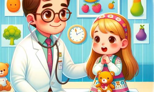 El doctor Juan es un hombre sonriente de unos treinta años, que lleva una bata blanca impecable. Tiene el cabello castaño y gafas redondas, y escucha atentamente a una niña pequeña con una expresión benevolente. Ana, una niña de seis años, tiene el cabello largo y rubio y lleva un vestido colorido con motivos de flores. Sostiene un osito de peluche en sus brazos y mira al doctor con ojos llenos de esperanza. La escena se desarrolla en un consultorio médico luminoso, con paredes pintadas de azul pastel y carteles de frutas y verduras en las paredes. Hay un pequeño escritorio con juguetes y libros para niños, y una ventana que deja entrar la luz del sol. El doctor Juan examina a Ana, que sonríe levemente a pesar de su tos. Utiliza un estetoscopio para escuchar su corazón, mientras Ana abre la boca para mostrar su garganta. La atmósfera es cálida y reconfortante, con colores vivos y detalles alegres.