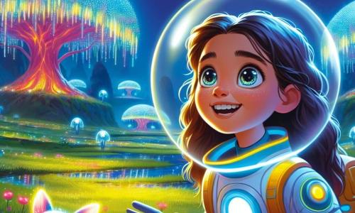 An 11-year-old girl, Elara, with long brown hair and sparkling curious eyes, stands at the edge of a bright meadow on the planet Lumira. She wears a colorful spacesuit, and her face shows joy mixed with wonder as she watches bioluminescent creatures dance around her. Beside her, a spherical and shiny assistant robot named Bi-Tee floats with a curious eye shimmering in bright colors, ready to explain the wonders of this world. In the background, Lumira's landscape is spectacular: giant trees with translucent leaves illuminate the night, while sparkling rivers wind through rolling hills, creating a magical atmosphere. The main scene shows Elara laughing and playing with the glowing creatures, while Bi-Tee observes her with a friendly expression, capturing a moment of discovery and intergalactic friendship.