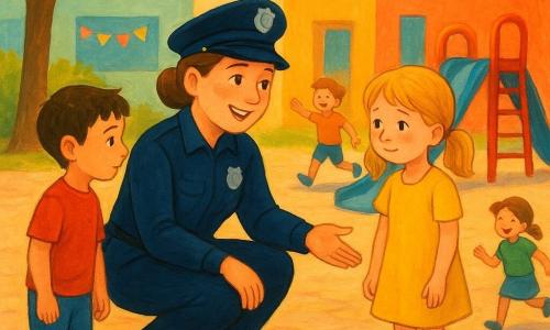 Una poliziotta, Giulia, sorridente e benevola, volto rotondo e capelli castani raccolti in chignon, in uniforme blu scuro, accovacciata per parlare con una bambina timida, porge la mano con dolcezza; la bambina, Sara, circa 7 anni, capelli biondi a coppine, in un vestito giallo, accetta l'invito; accanto a Giulia, a sinistra, c'è un bambino di circa 8 anni, Luca, capelli castani corti, con una piccola palla rossa ai piedi che osserva la scena; altri due bambini giocano sullo sfondo vicino a uno scivolo colorato; la scena si svolge in un cortile di scuola lastricato, circondato da facciate dai colori vivaci e piante in vaso, con un grande albero a sinistra; atmosfera accogliente e calda di tardo pomeriggio, resa in stile gouache con texture visibili e contorni morbidi.