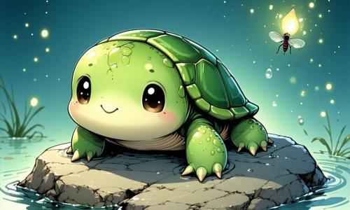 Il protagonista è una piccola tartaruga verde e rotonda di nome Lillo, occhi dolci e palpebre pesanti, carapace caldo come una coperta di lana, che galleggia calma a metà sull'acqua su una pietra piatta; accanto siede Rina, una piccola rana dal corpo verde chiaro e guance rosa, sorriso sereno, pronta a condividere il bagno senza schizzi. Una minuscola lucciola sospesa illumina la scena con una luce gialla morbida. Il luogo è un piccolo lago da giardino al crepuscolo, acqua liscia come vetro, rive di sottili canneti e riflessi argentati della luna in tinte pastello; Lillo fa un 