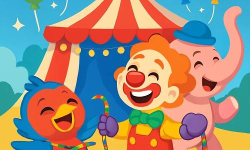 Un uccellino dalle piume rosse e blu, Piumino, sta ridendo a crepapelle, con occhi scintillanti di gioia, mentre si dibatte in una corda colorata che lo circonda. Accanto a lui, Pomodoro, un clown malizioso con un grande naso rosso e un sorriso splendente, fa una smorfia divertente, tenendo una corda con una mano e ridendo di cuore. Stella, un'elefantessa rosa con un bel cappello blu, si trova sullo sfondo, sorridente e pronta ad aiutare, con la proboscide sollevata in aria. Lo scenario è un circo vibrante, con un grande tendone a strisce rosse e bianche, palloncini colorati che fluttuano nel cielo blu e luci scintillanti che illuminano la scena. La situazione principale mostra Piumino, Pomodoro e Stella che ridono insieme, creando un'atmosfera gioiosa e magica sotto il tendone del circo.