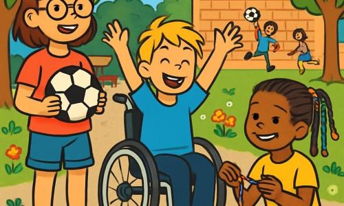 Es gibt drei Charaktere: Klara, ein 10-jähriges Mädchen mit braunen Haaren und runden Brillen, trägt ein rosa T-Shirt und eine Jeansshorts. Sie steht lächelnd mit einem Fußball. Tom, ein 9-jähriger Junge mit zerzausten blonden Haaren und einem großen Lächeln, sitzt im Rollstuhl, trägt ein blaues T-Shirt und schwarze Hosen und hebt begeistert die Arme. Maya, ein 10-jähriges Mädchen mit bunten Zöpfen und einem gelben T-Shirt, sitzt auf dem Boden, umgeben von bunten Fäden, und zeigt Tom, wie man ein Armband macht. Der Ort ist ein sonniger Schulhof mit grünen Bäumen und bunten Blumen. Im Hintergrund sieht man eine große Backsteinmauer, an der Kinder Fußball spielen. Der Boden ist mit Kies bedeckt, und es gibt Holzbänke, auf denen andere Kinder sitzen. Die Hauptsituation zeigt Klara, Tom und Maya, die zusammen spielen und ihre Freundschaft sowie die Gleichheit der Geschlechter feiern. Klara und Tom ermutigen sich gegenseitig, während Maya ein Armband macht, was die Freude am Teilen verschiedener Aktivitäten ohne Geschlechterunterscheidung veranschaulicht.