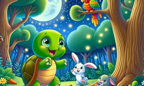 Una tartaruga di nome Tina, con un guscio verde e occhi brillanti di curiosità, danza gioiosamente sotto la luce della luna, con un grande sorriso sul volto. Accanto a lei, un coniglietto dalle grandi orecchie bianche salta con entusiasmo, e un pappagallo colorato con piume vivaci, posato su un ramo, canta allegramente. Il contesto è un magnifico bosco notturno, con alberi dai tronchi spessi, foglie scintillanti sotto la luna e fiori colorati che sbocciano nell'oscurità. La scena mostra Tina e i suoi amici che festeggiano, circondati da carote e nocciole, pieni di gioia e risate, creando un'atmosfera magica e amichevole.