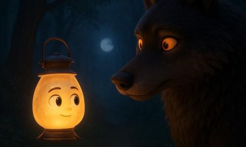 Uma pequena lamparina chamada Luzia, com um vidro translúcido e uma luz suave e dourada, flutua no ar com uma expressão determinada e benevolente. Ao lado dela, um grande lobo com olhos brilhantes como brasas, de pelagem escura e espessa, permanece imóvel, com um ar intrigado e respeitoso. Ao fundo, uma floresta densa e misteriosa, com árvores de troncos nodosos e folhas que sussurram sob a luz da lua. A cena ocorre em uma clareira iluminada pelo suave brilho de Luzia, criando uma atmosfera mágica e tranquilizante onde a luz e a sombra dançam juntas.