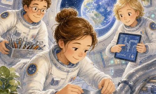 Main character: an adult woman with brown hair in a bun, round smiling face and focused serene eyes, wearing a fitted white spacesuit, delicately repairing a leaking pipe with a piece of silver duct tape; emotion calm, caring, determined, slightly bent posture, precise slow hands. Secondary 1: an adult man (~30) with curly hair and thin glasses floating behind her holding a tray of shiny metal tools, smiling encouragingly. Secondary 2: an adult woman (~28) with short blonde hair holding a tablet showing schematics and pointing at a line, standing right of the protagonist near a lit panel. Location: interior of a compact space module with rounded grey-paneled walls, visible screws, twisted cables, potted plants strapped down, filters and pipes, and a round porthole showing the blue Earth. Main situation: a small water droplet floats near the repaired pipe as the woman seals it with tape; teammates assist and watch, calm warm cooperative atmosphere. Visual style: soft watercolor with visible paper texture, pastel palette (pale blue, tender green, warm grey), white gel-pen highlights on metallic reflections and stars through the porthole.