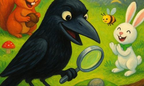 Un corvo nero dal piumaggio lucido, occhi vivaci e un sorriso birichino, tiene con la zampa una piccola lente d'argento puntata su una pietruzza su una foglia; è in primo piano su un ramo basso. Una scoiattolina rossa con occhi ridacchianti, leggermente a sinistra e sullo sfondo, tiene una grande nocciola e ride; a destra del corvo, vicino al suolo, un piccolo coniglio bianco con un nastro verde sta in piedi su due zampe applaudendo eccitato. Un'ape minuscola con un pon pon giallo sul muso vola curiosa sopra la foglia vicino alla pietruzza. La scena si svolge in una radura soleggiata del 