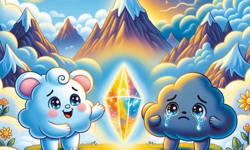 Nimbus, a small elephant-shaped cloud with fluffy ears and a sparkling smile, joyfully floats in a blue sky, his eyes shining with curiosity and wonder. Beside him, Cumulus, a dark and heavy cloud with sad features and glistening tears, looks at Nimbus with an expression of gratitude, standing slightly back as if touched by the surrounding light. The setting is a sunny mountain peak where the sky meets majestic mist-covered peaks, and a shimmering crystal at the center pulses with vibrant colors, illuminating the scene with a soft golden glow. In this main scenario, Nimbus joyfully dances around the crystal, sharing his light and warmth with Cumulus, symbolizing friendship and the discovery of truth through empathy and sharing.