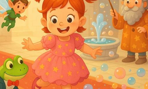 A radiant, mischievous five-year-old princess with red pigtails and a pink ruffled dress with tiny gold stars runs after her small crown sliding across a shiny tiled floor; a tiny male fairy about 8 cm with blue translucent wings and a green outfit flutters by her ear making caring gestures, a bright green frog in a tuxedo with a red bow tie nudges the crown with its nose to the left, an old wizard of about 60 with a curled gray beard and patterned robe stands in the right background waving a wand that produces bubbles, the castle's great hall has pale stone walls, a slightly rumpled red carpet and a round magical fountain at the center bubbling and sending shimmering bubbles as colorful bubbles cover the floor and bounce around in a joyful, luminous scene.