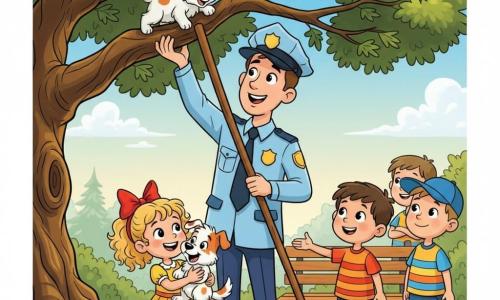 A tall smiling police officer with short brown hair in a shiny light-blue uniform and cap looks up reassuringly while holding a long wooden stick to help a small fluffy white-and-rust puppy down from a low branch; Lily, about 6, with curly hair and a big red bow in a yellow dress holds the relieved pup and smiles, Tommy, about 7, in orange sneakers and a striped T-shirt reaches out from the right, and Sam, about 8 in a blue cap watches admiringly behind them in a sunny morning park with a large oak, green lawn and wooden bench — warm, comic-style scene of solidarity with bright colors and clear outlines.