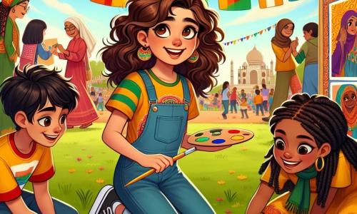 Uma menina de 12 anos, Sofia, com cabelos castanhos e cacheados, e olhos cheios de curiosidade, está no centro de uma cena vibrante. Ela usa uma camiseta colorida e jeans, e seu rosto expressa grande alegria e orgulho enquanto admira um mural artístico que criou com seus amigos. Ao lado dela, um menino de 12 anos, Amir, de origem árabe, com cabelos pretos e óculos, sorri segurando uma paleta de pintura, adicionando um toque final a uma seção do mural. Outra personagem, uma menina de 11 anos, Maya, de origem afro-americana, com tranças e uma camiseta com padrões africanos, se inclina para colar fotos no mural, seu rosto irradiando entusiasmo. A cena acontece em um parque ensolarado, cheio de barracas coloridas representando diferentes culturas, com bandeiras tremulando e pessoas de todas as idades interagindo alegremente ao redor. A situação principal mostra Sofia e seus amigos celebrando a diversidade através do mural, que conta histórias de coragem e igualdade, enquanto famílias e crianças admiram seu trabalho, criando uma atmosfera de solidariedade e harmonia.