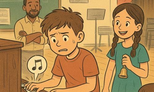A 12-year-old boy with a round face and messy brown hair looks nervous but determined, holding a final note with slightly trembling fingers on a worn upright piano; beside him to the right stands Mara, about 12, with two braids, a supportive smile and sparkling eyes, gently shaking a small cowbell; Mr. Bennett, about 40, stands near the chalkboard in the background with a kind face and arms slightly crossed, watching proudly; the scene is a school music room with shiny parquet floors, composer posters on the walls, stacked metal desks, warm lighting and a slightly drawn stage curtain; the boy is playing for a small blurred audience in the foreground, a wrong note is marked by a tiny sound bubble but he continues, the music resumes and the audience begins to applaud; graphic style: soft lines, warm pastel colors, visible wood and fabric textures, and tenderly exaggerated expressions conveying regained confidence.