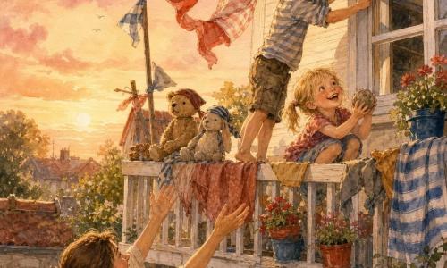 A mischievous 10-year-old boy with messy light-brown hair, freckles and a wide smile stands on tiptoe pulling at a white-painted balcony window; his little sister Lily, about 6, with blonde pigtails and a dreamy face, laughs crouched nearby holding a pebble like an apple. Below in the garden their smiling mother with tied brown hair raises her arms and looks up. The white wooden balcony is cluttered with colorful towels, two stuffed animals, red and blue flower pots and a banner of tied towels fluttering over the railing. Late-afternoon golden sunset light with long shadows and a pink sky; the children are stuck outside but happily improvising a flag and playing pirates, creating a warm, joyful, adventurous scene.