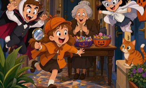 Eight-year-old Tilly, round-faced with freckles and light brown pigtails, wearing an orange pumpkin detective hat and holding a magnifying glass, leaps forward joyfully; to her left Sammy, about eight, in a vampire-bunny costume (pink bunny ears, small fangs, black cape) comically says 
