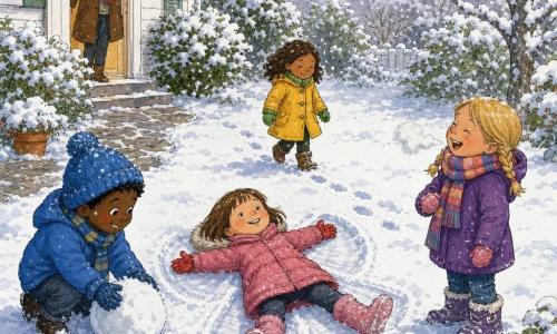 Hay 5 personajes: Martina, niña de 5 años, pelo castaño corto, tumbada boca arriba en el centro del jardín haciendo un ángel en la nieve, con botas rosas y guantes rojos; Hugo, niño de 6 años, pelo negro bajo un grueso gorro azul, a la izquierda, agachado moldeando una bola de nieve con guantes; Lucía, niña de 5 años, pelo rubio en trenzas, a la derecha de Martina, de pie riendo y viendo su aliento, con una bufanda a rayas; Ana, niña de 5 años, pelo castaño, caminando detrás de Martina mostrando sus pequeñas huellas, con abrigo amarillo y manoplas verdes; la mamá, mujer adulta, pelo castaño recogido, de pie junto a la puerta de la casa al fondo, sonriendo y llamando a los niños para entrar, con abrigo marrón y pañuelo. Lugar: jardín invernal ante una casa de madera pintada de blanco, césped cubierto de nieve polvo, algunos arbustos helados, un camino de piedra desde la puerta, cielo gris claro y finos copos cayendo. Situación: cuatro niños juegan alegremente en la nieve — ángel en el centro, huellas alineadas, uno forma una bola y la madre los llama para que entren y se calienten.
