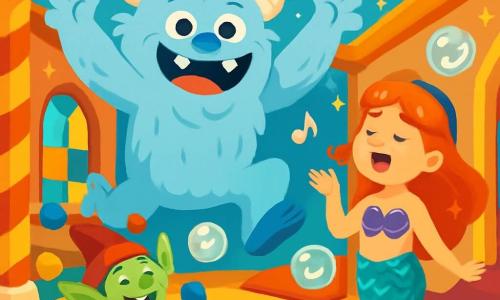 Um Yeti de pelos azul-claro, com grandes olhos redondos e um sorriso radiante, pula de alegria em uma cena cheia de cores vibrantes. Sua expressão é alegre e travessa, mostrando que está pronto para fazer todos rirem. Ao seu lado, uma Sereia de cabelos ondulados e brilhantes, com escamas cintilantes e nadadeiras coloridas, canta entusiasticamente. Ela tem cerca de 10 anos e usa um top de conchas. Um pequeno duende, Zé Cambalhota, com um chapéu pontudo e orelhas em ponta, está fazendo malabarismos com bolas coloridas, rindo alto. Ele mede apenas 30 centímetros e parece muito divertido com suas próprias travessuras. O cenário é uma escola fantástica, com paredes de doces, janelas de vidro colorido e um teto em forma de nuvens fofas. Tapetes voadores e luzes cintilantes acrescentam um toque mágico ao ambiente. A cena mostra o Yeti e seus amigos preparando uma grande festa de risadas, cercados por bolhas de sabão que flutuam no ar, cada uma trazendo uma piada divertida. Os personagens estão em plena ação, prontos para compartilhar sua alegria e humor com todos os outros alunos da escola.