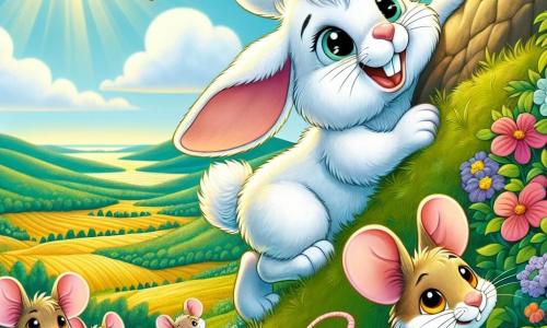 An illustration depicts a small rabbit with fluffy white fur, large floppy ears, and a twitching pink nose, showing a determined and joyful expression as it climbs a steep hill with a big smile on its face. Nearby, a group of small mice with bright eyes and long tails watches with admiration and a bit of concern from a rock. They are all light brown, with round ears and curious expressions. The main setting is a green hill covered in colorful flowers and bushes, under a bright blue sky with fluffy white clouds. At the top of the hill, a beautiful landscape of the valley below is visible, featuring golden fields and majestic trees. The main situation shows the little rabbit bravely overcoming a challenge, climbing the hill to retrieve a lost golden carrot, a symbol of its adventure. Additional graphic elements include colorful butterflies flying around, sunlight illuminating the scene, and a small sparkling golden carrot visible at the top of the hill, attracting the rabbit's attention.