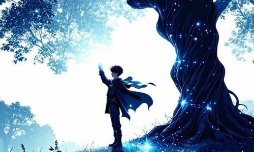 In an enchanting clearing, a young man named Cedric, around 16 years old, stands bravely before a majestic tree with shimmering leaves. He has raven-black hair, star-bright eyes, and an intense expression of determination. He raises his arms, emitting a brilliant light that pushes back the threatening shadows. Beside him, the dark silhouette of Lady Morgath, an evil witch around 30 years old, stands in a flowing black dress, with piercing eyes and a sly smile. She appears ready to cast a spell, but her face reveals surprise at Cedric's light. The setting is an enchanted forest, with tall, majestic trees adorned with vines and glowing flowers. Sunlight filters through the foliage, creating a magical play of light on the mossy ground filled with colorful flowers. The main scene shows Cedric, with a brave expression, challenging Lady Morgath as he uses the magic of the heart to protect the hidden treasure at his feet, while the atmosphere is charged with tension and mystery.