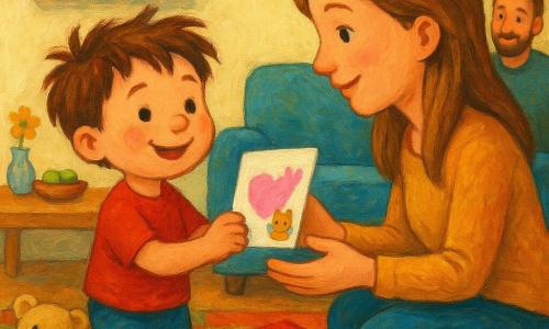 Un niño de 4 años de cabello castaño alborotado, rostro redondo y mofletudo, expresión alegre y orgullosa, sostiene una tarjeta doblada con un corazón rosado y una pegatina de gatito con corona; la madre, de unos 30 años, cabello castaño claro largo, sonrisa dulce y ojos brillantes, está agachada abriendo la tarjeta con las manos listas para recibirla; el padre, de 30–40 años con barba ligera y calcetines desparejados, sonríe desde el sofá; junto al niño hay un osito de peluche beige y un camión rojo sobre una alfombra colorida, la tarjeta asomando entre ellos; la sala, bañada por la luz de la mañana, con paredes crema, mesa de madera clara con una bandeja con tres uvas y una pequeña flor amarilla en un jarrón y estantería con lápices y dibujos infantiles; momento tierno e íntimo: el niño entrega su tarjeta hecha a mano, la madre la abre emocionada y pronto la abrazará, atmósfera cálida con colores y texturas de pintura visibles.